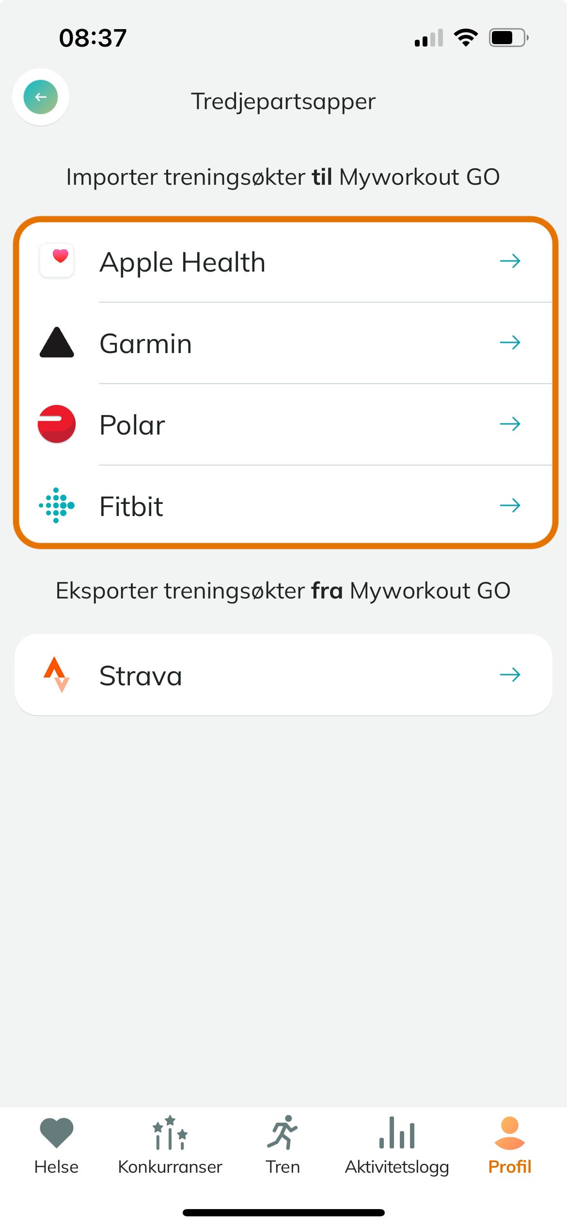 Tredjepartsapper skjermen med tjenestene man kan koble til - Apple Health, Garmin, Polar og Fitbit - markert.