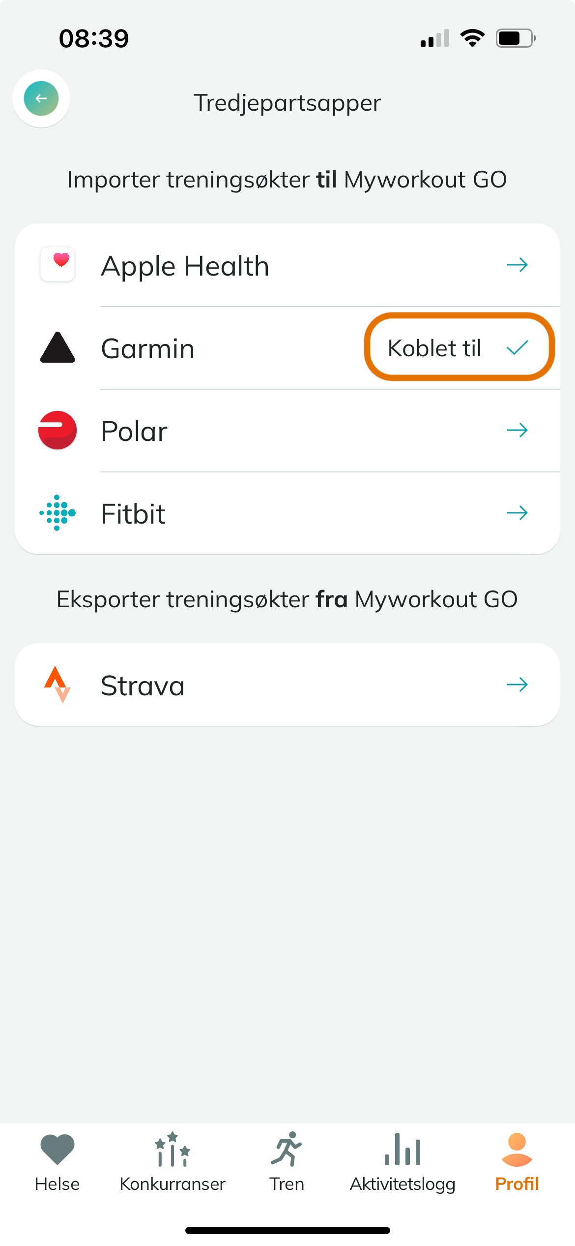 Tredjepartsapper skjermen, med garmin koblet til, og "koblet til" symbolet markert.